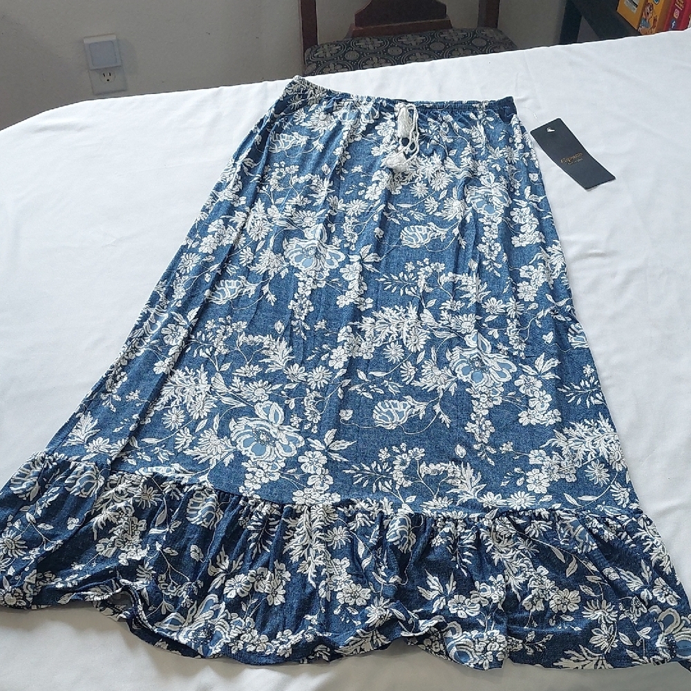 Espresso Blue and White Ruffled Long Skirt  Size M Skirt.  New